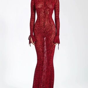 Red Animal Print Long Sleeve Dress